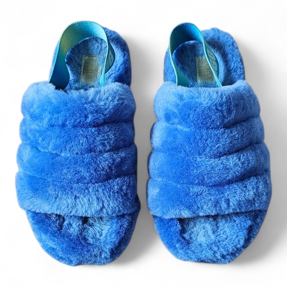 UGG Fluff Yeah Slide Sandals Blue Rainbow Strap Kids Size 4 - Picture 3 of 9